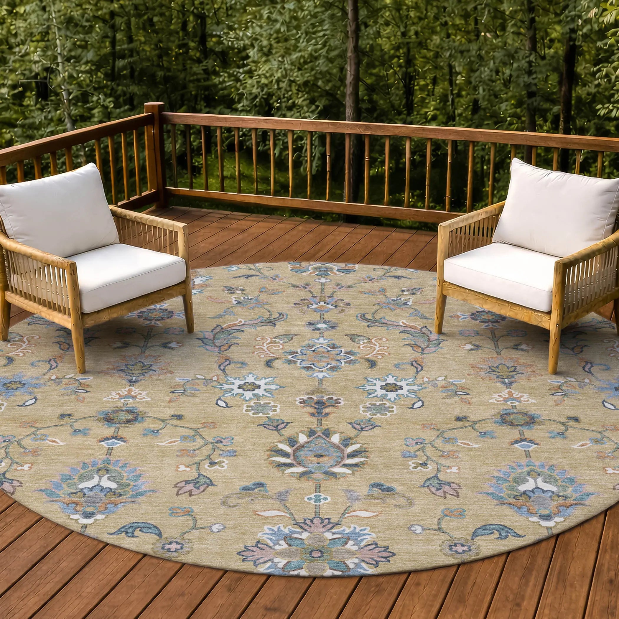 8' Wheat And Taupe Round Abstract Washable Indoor Outdoor Area Rug Homeroots Outdoor