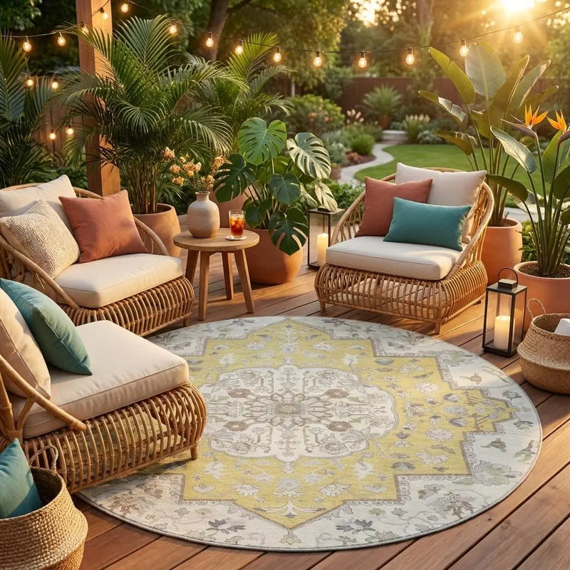 8' Wheat And Taupe Round Oriental Washable Indoor Outdoor Area Rug Homeroots Outdoor