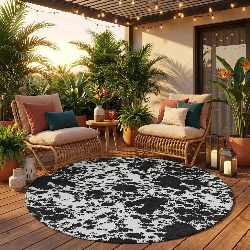 8' White And Ivory Round Abstract Washable Indoor Outdoor Area Rug Homeroots Outdoor