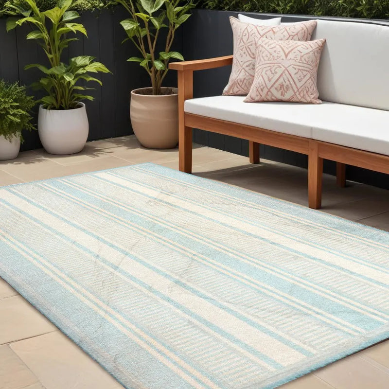 8' X 10' Aqua And Beige Striped Indoor Outdoor Area Rug Homeroots Outdoor