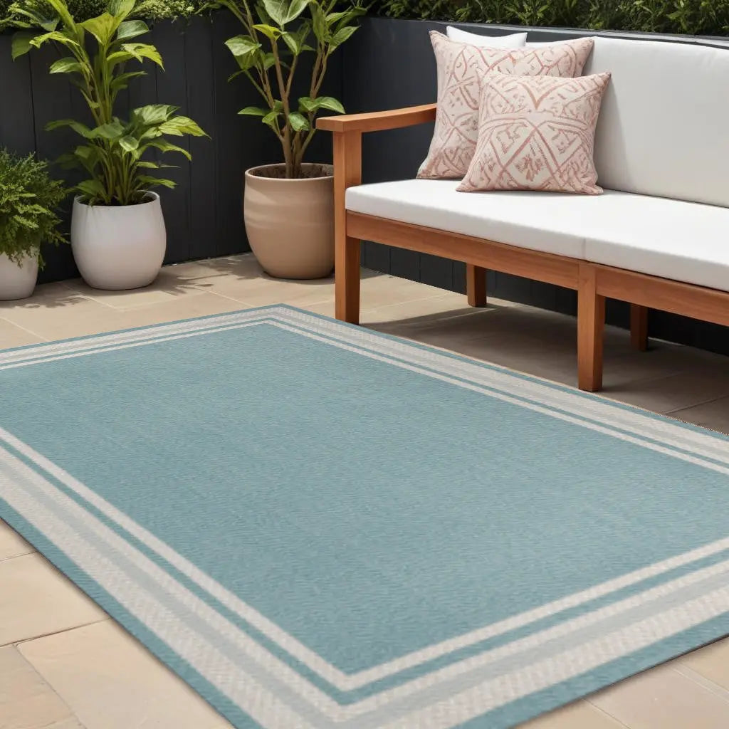 8' X 10' Aqua And Beige Striped Indoor Outdoor Area Rug Homeroots Outdoor