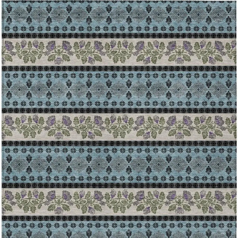 8' X 10' Aqua And Charcoal Striped Washable Indoor Outdoor Area Rug Homeroots Outdoor