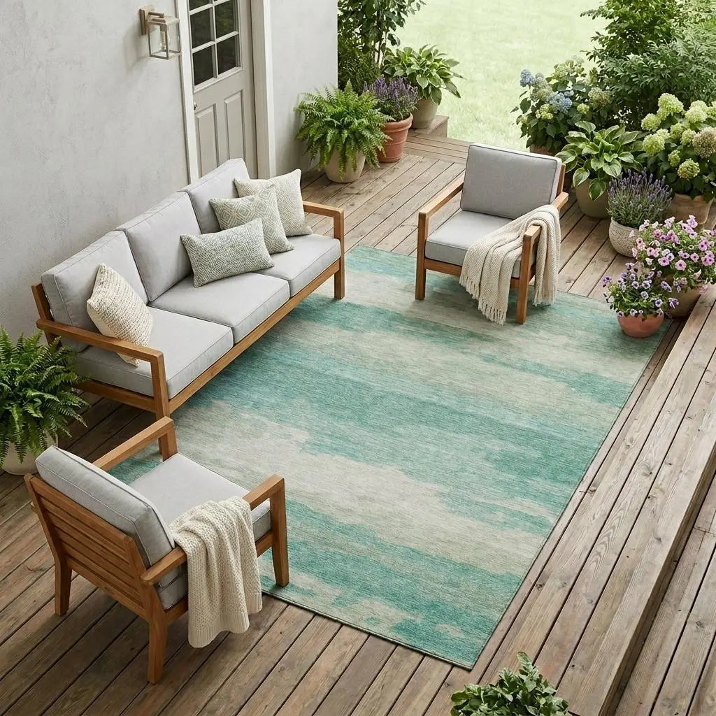 8' X 10' Aqua And Teal Blue Abstract Washable Indoor Outdoor Area Rug Homeroots Outdoor