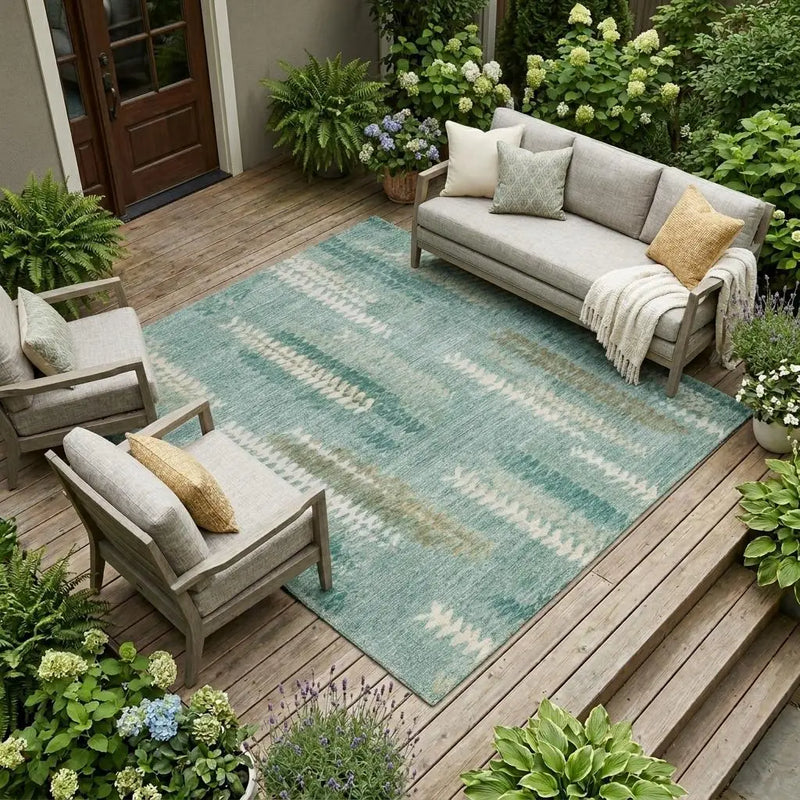 8' X 10' Aqua And Teal Blue Abstract Washable Indoor Outdoor Area Rug Homeroots Outdoor