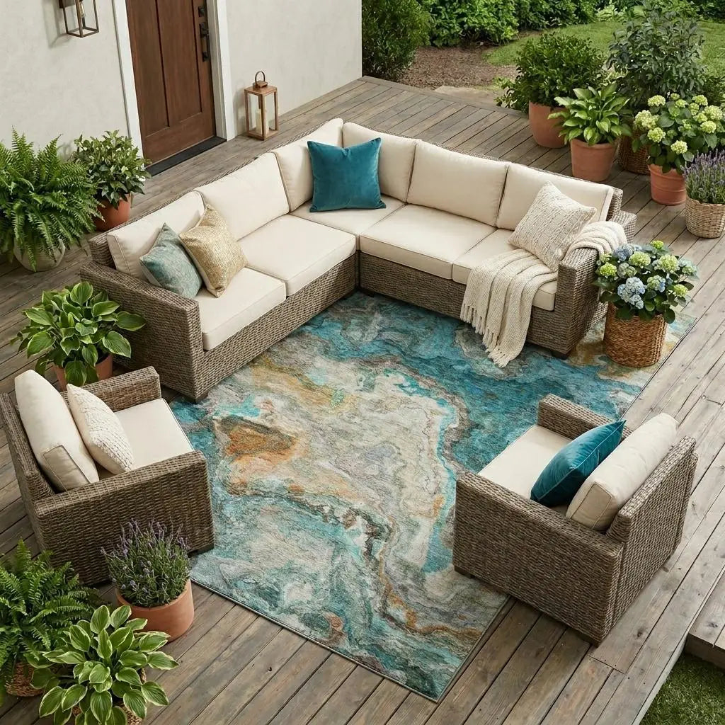 8' X 10' Aqua And Teal Blue Abstract Washable Indoor Outdoor Area Rug Homeroots Outdoor