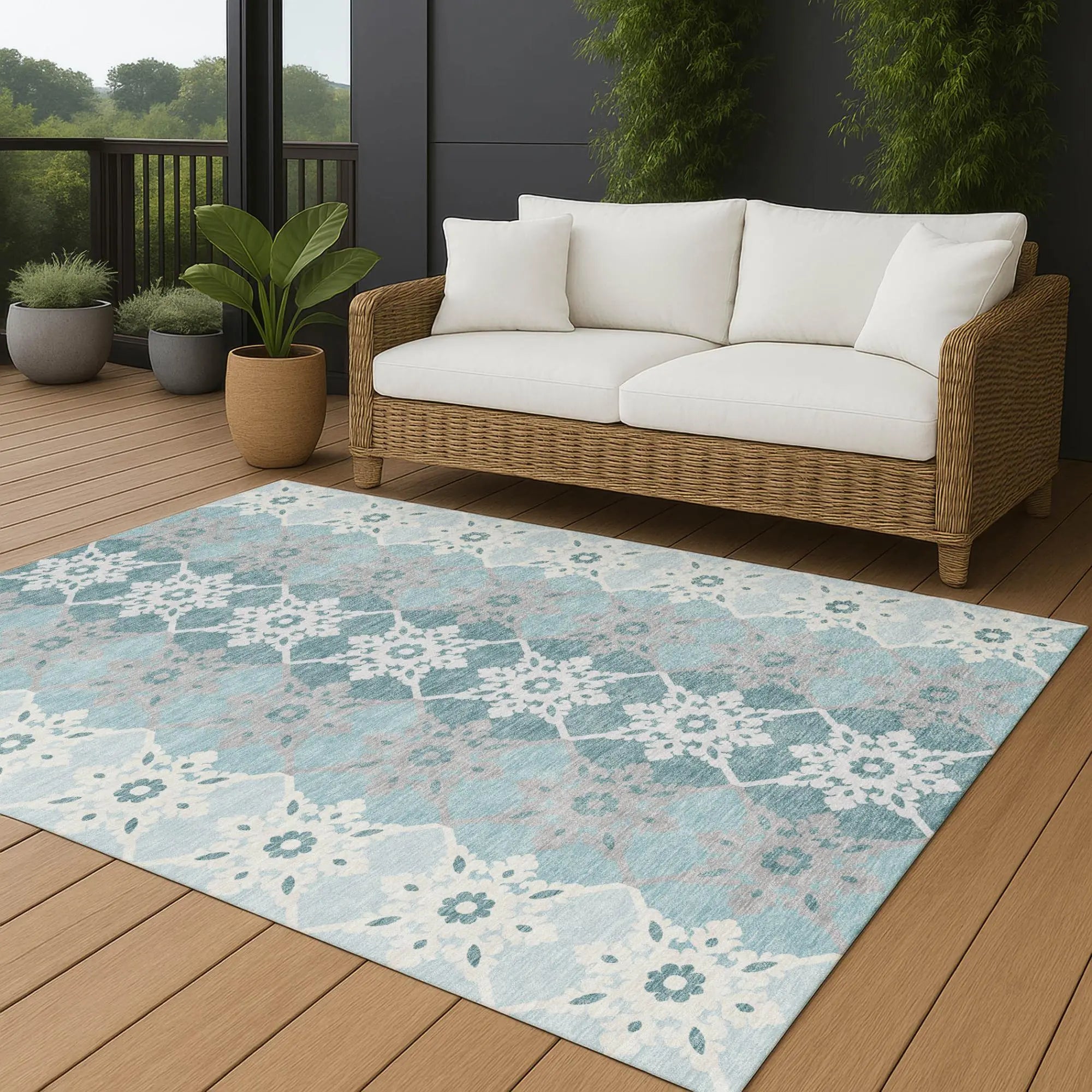 8' X 10' Aqua And Teal Blue Floral Medallion Washable Indoor Outdoor Area Rug Homeroots Outdoor