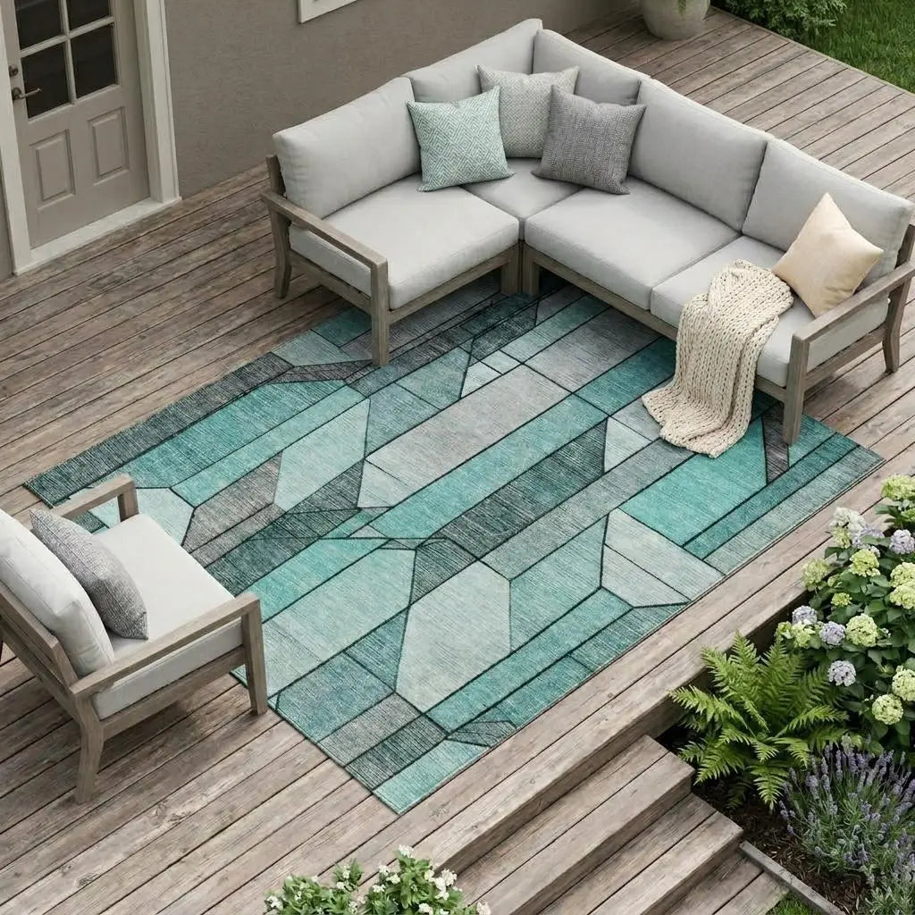 8' X 10' Aqua And Teal Blue Geometric Washable Indoor Outdoor Area Rug Homeroots Outdoor