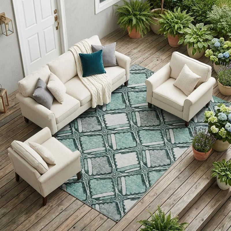 8' X 10' Aqua And Teal Blue Geometric Washable Indoor Outdoor Area Rug Homeroots Outdoor