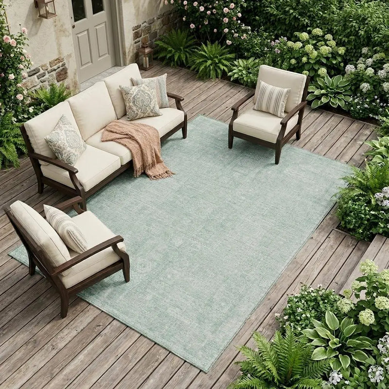 8' X 10' Aqua And Teal Blue Oriental Washable Indoor Outdoor Area Rug Homeroots Outdoor