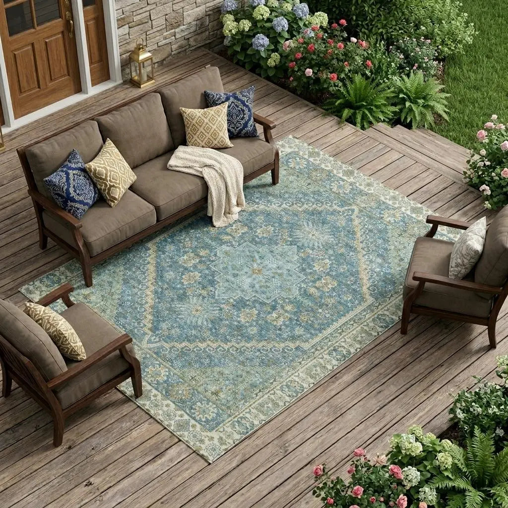 8' X 10' Aqua And Teal Blue Oriental Washable Indoor Outdoor Area Rug Homeroots Outdoor