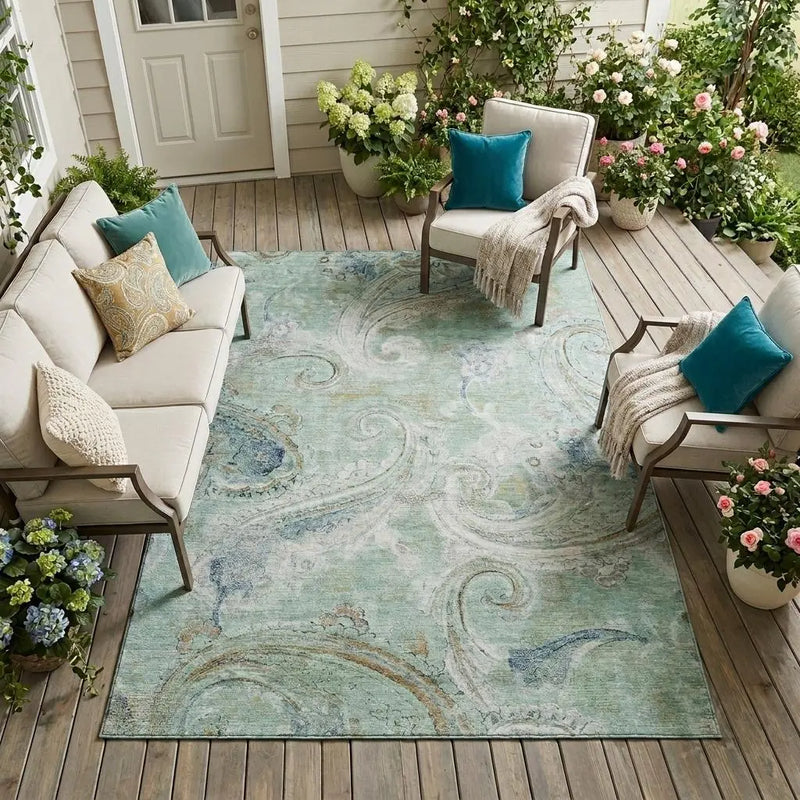 8' X 10' Aqua And Teal Blue Paisley Washable Indoor Outdoor Area Rug Homeroots Outdoor
