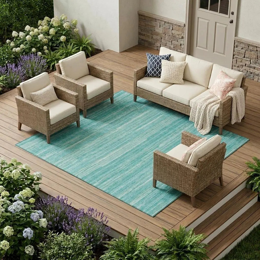 8' X 10' Aqua And Teal Blue Striped Washable Indoor Outdoor Area Rug Homeroots Outdoor
