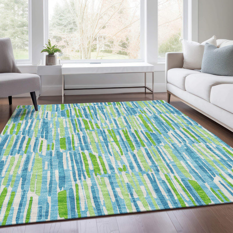 8' X 10' Aqua Teal Blue And Lime Green Abstract Washable Indoor Outdoor Area Rug - GreatEagleInc