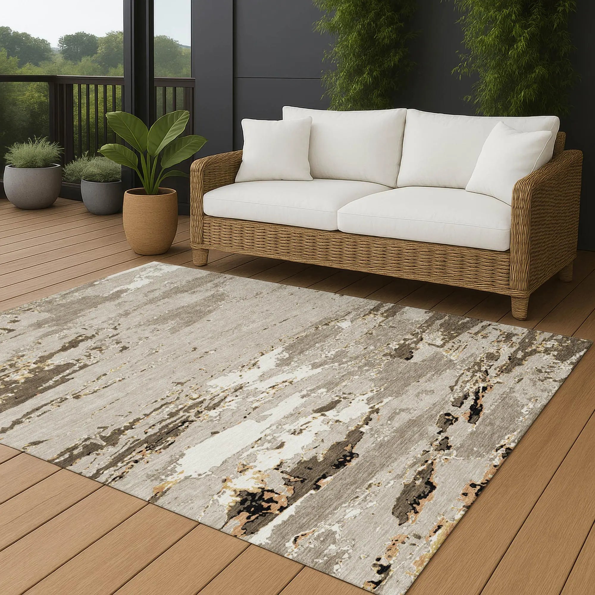 8' X 10' Beige And Brown Abstract Washable Indoor Outdoor Area Rug Homeroots Outdoor