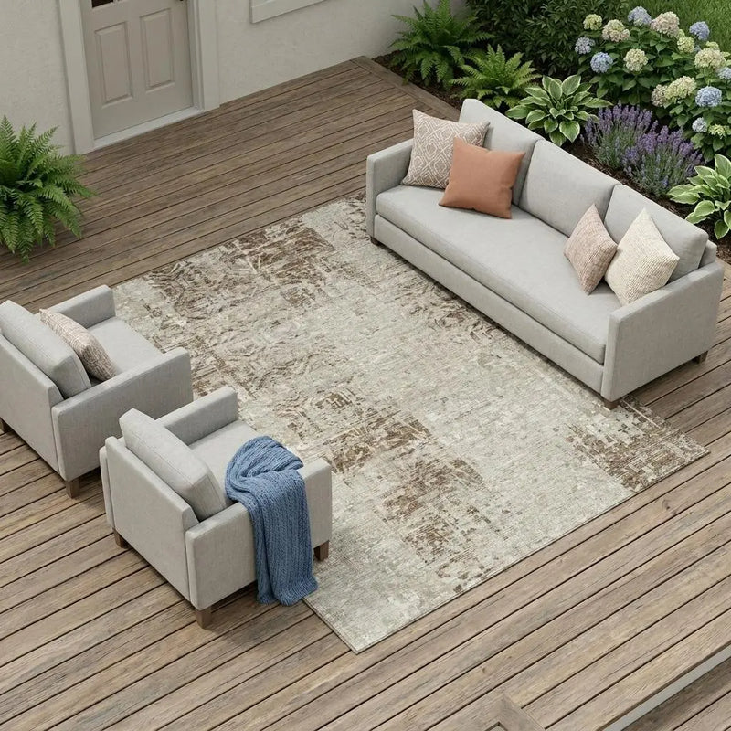 8' X 10' Beige And Brown Abstract Washable Indoor Outdoor Area Rug Homeroots Outdoor