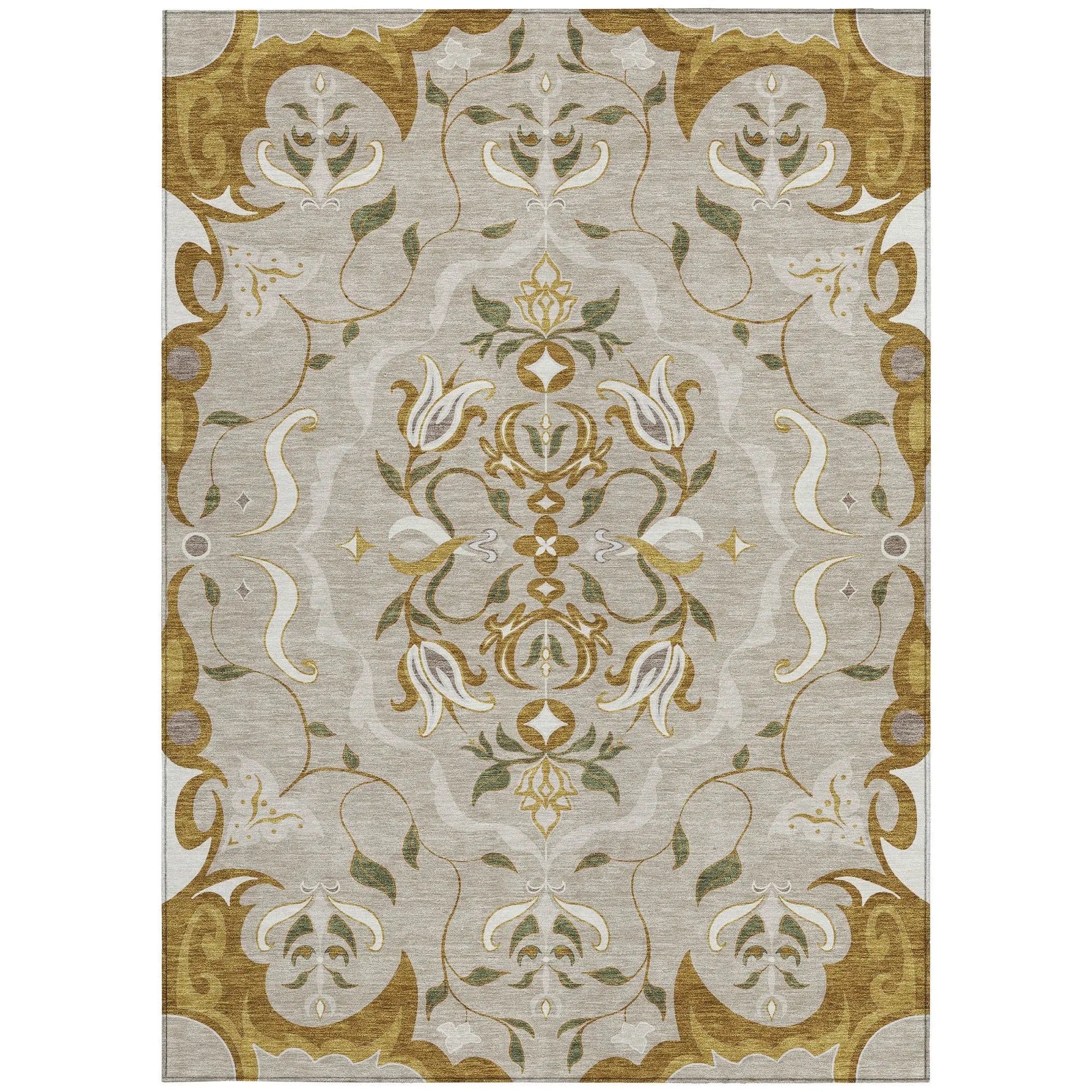 8' X 10' Beige And Brown Damask Washable Indoor Outdoor Area Rug Homeroots Outdoor