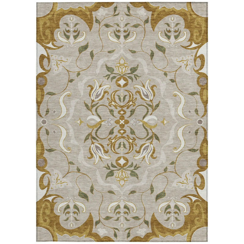8' X 10' Beige And Brown Damask Washable Indoor Outdoor Area Rug Homeroots Outdoor