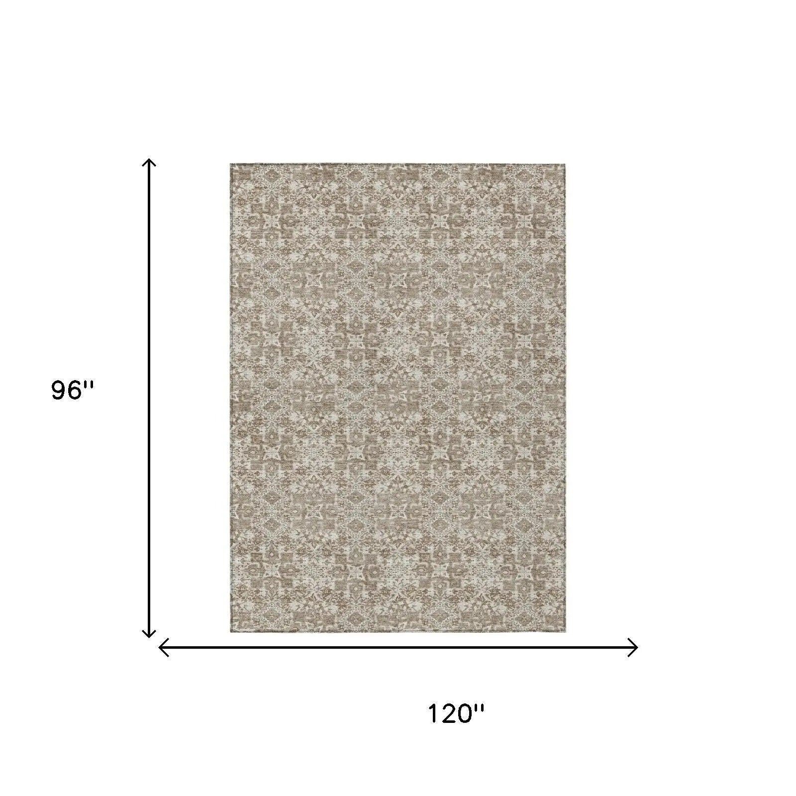 8' X 10' Beige And Brown Damask Washable Indoor Outdoor Area Rug Homeroots Outdoor