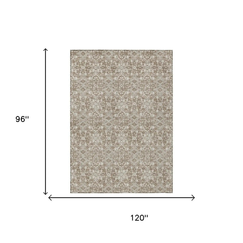 8' X 10' Beige And Brown Damask Washable Indoor Outdoor Area Rug Homeroots Outdoor