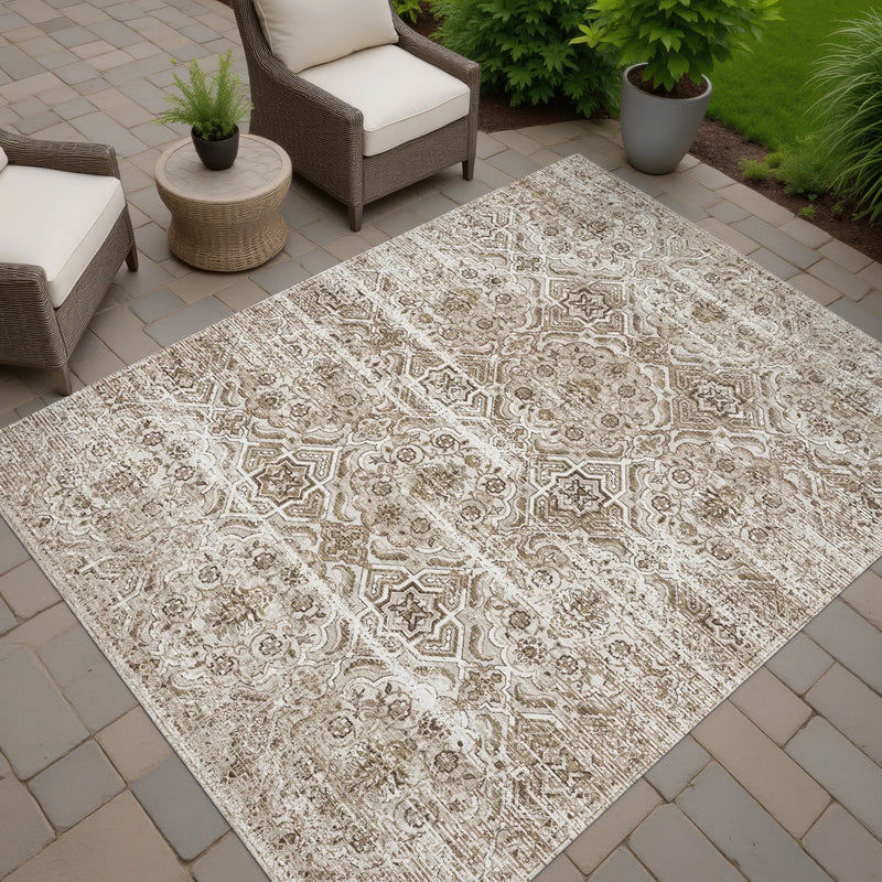 8' X 10' Beige And Brown Floral Washable Indoor Outdoor Area Rug Homeroots Outdoor
