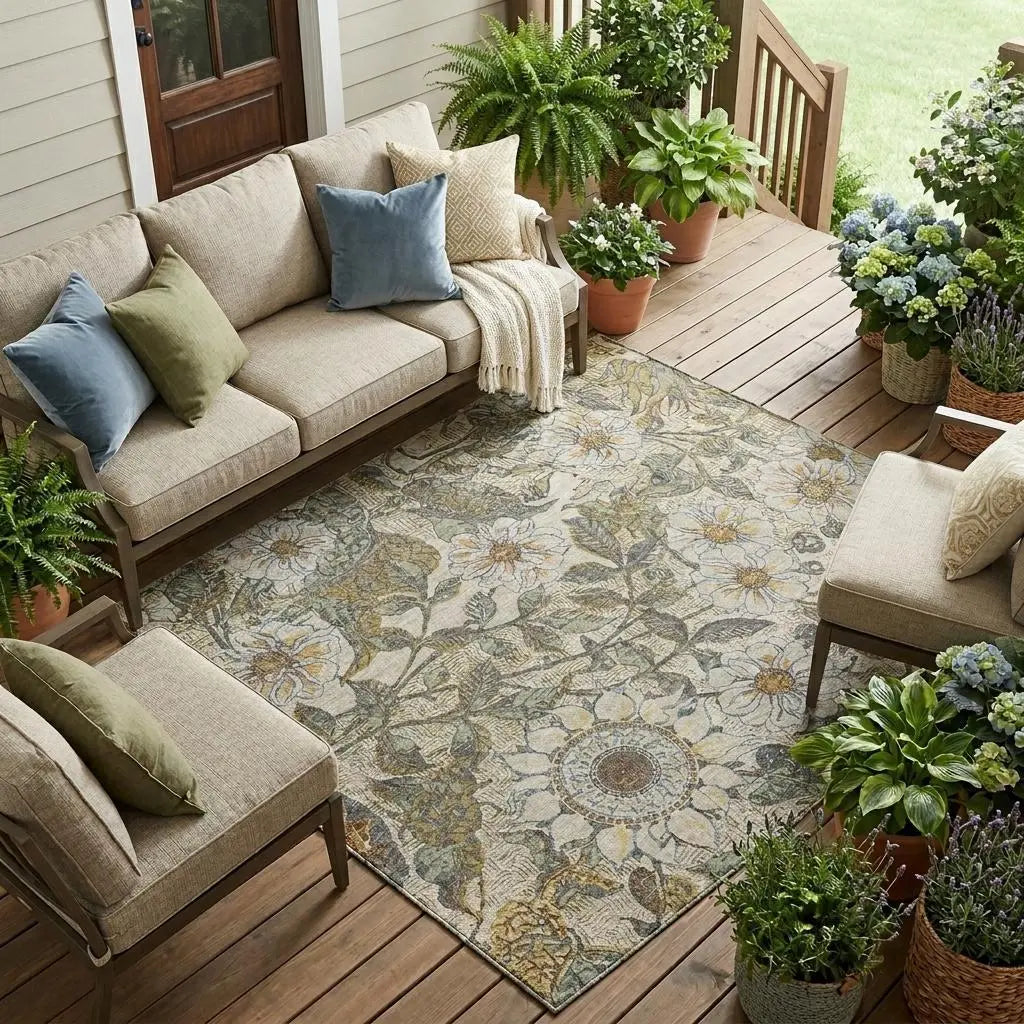 8' X 10' Beige And Brown Floral Washable Indoor Outdoor Area Rug Homeroots Outdoor