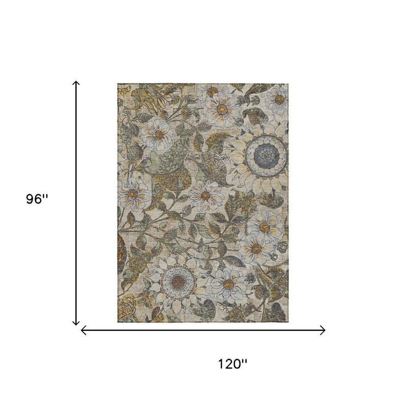 8' X 10' Beige And Brown Floral Washable Indoor Outdoor Area Rug Homeroots Outdoor