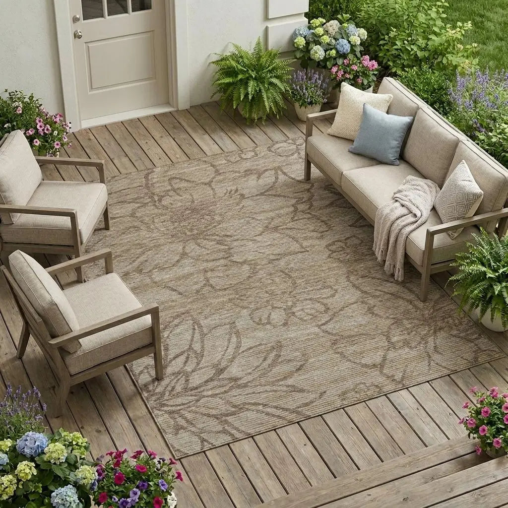 8' X 10' Beige And Brown Floral Washable Indoor Outdoor Area Rug Homeroots Outdoor