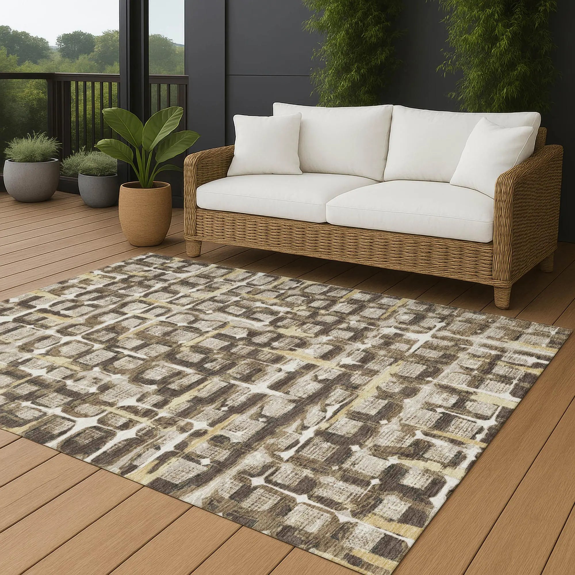 8' X 10' Beige And Brown Geometric Washable Indoor Outdoor Area Rug Homeroots Outdoor