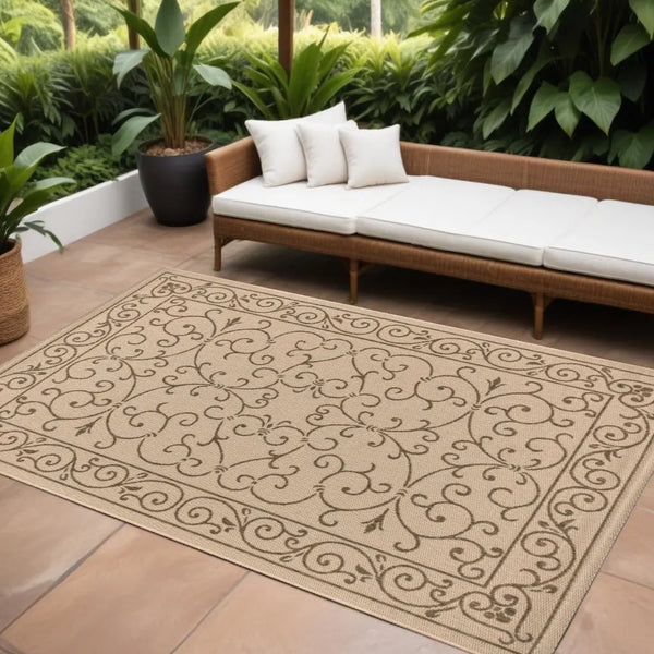 8' X 10' Beige And Brown Medallion Indoor Outdoor Area Rug Homeroots Outdoor
