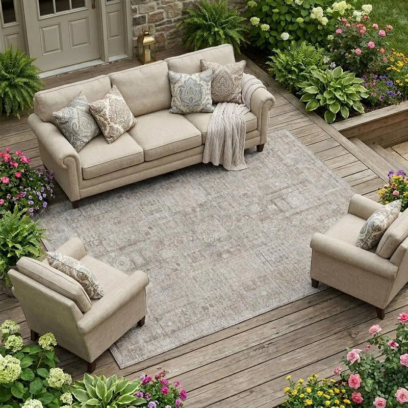 8' X 10' Beige And Brown Oriental Washable Indoor Outdoor Area Rug Homeroots Outdoor