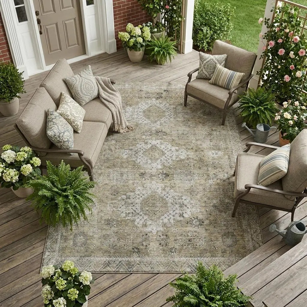 8' X 10' Beige And Brown Oriental Washable Indoor Outdoor Area Rug Homeroots Outdoor
