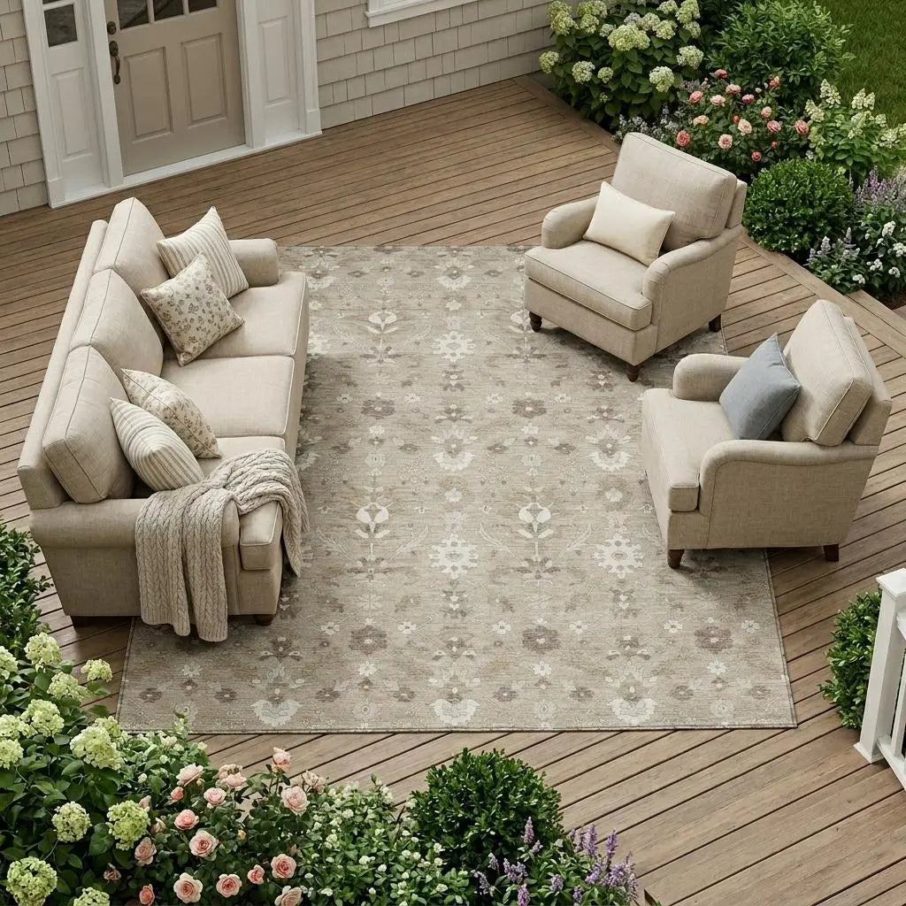 8' X 10' Beige And Brown Oriental Washable Indoor Outdoor Area Rug Homeroots Outdoor