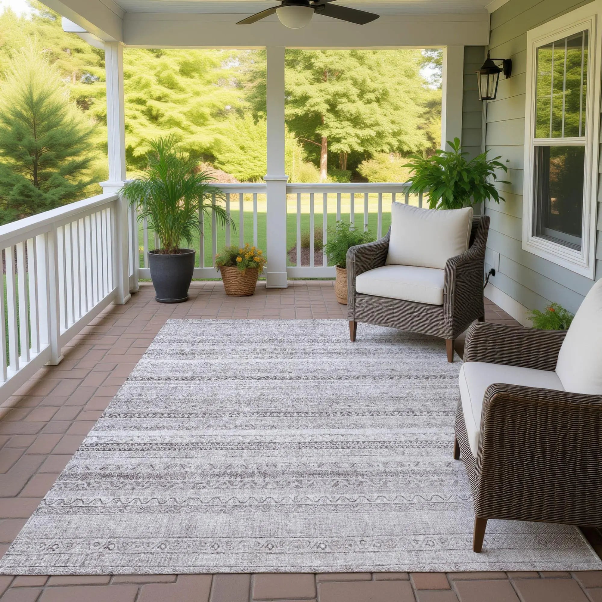 8' X 10' Beige And Brown Striped Washable Indoor Outdoor Area Rug Homeroots Outdoor