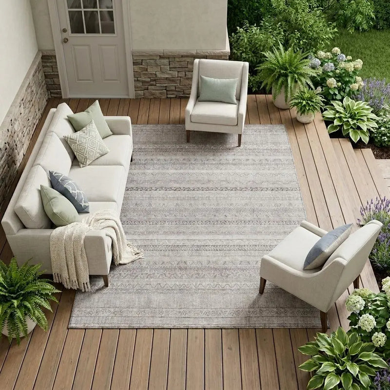 8' X 10' Beige And Brown Striped Washable Indoor Outdoor Area Rug Homeroots Outdoor