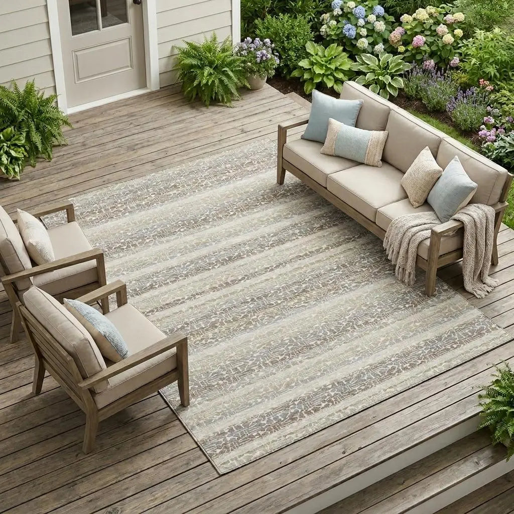 8' X 10' Beige And Brown Striped Washable Indoor Outdoor Area Rug Homeroots Outdoor
