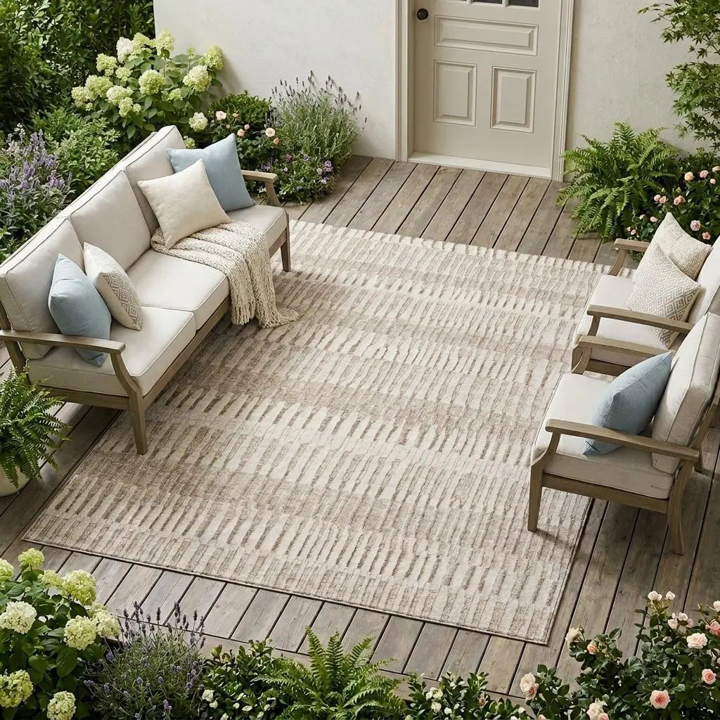 8' X 10' Beige And Brown Striped Washable Indoor Outdoor Area Rug Homeroots Outdoor
