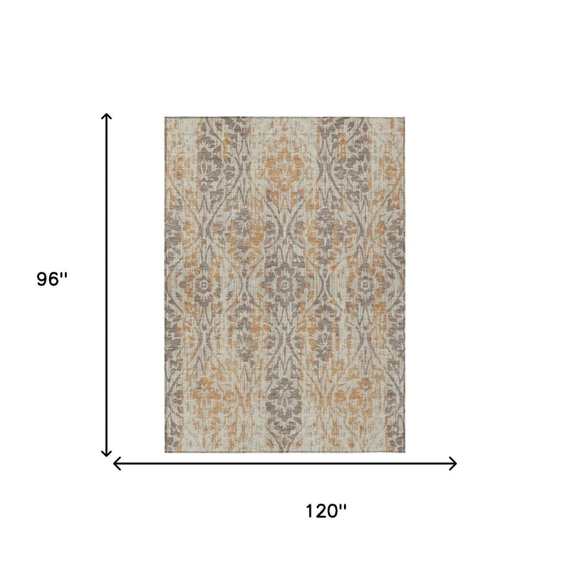 8' X 10' Beige And Copper Damask Washable Indoor Outdoor Area Rug Homeroots Outdoor