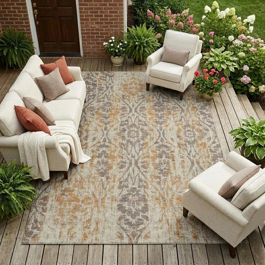 8' X 10' Beige And Copper Damask Washable Indoor Outdoor Area Rug Homeroots Outdoor
