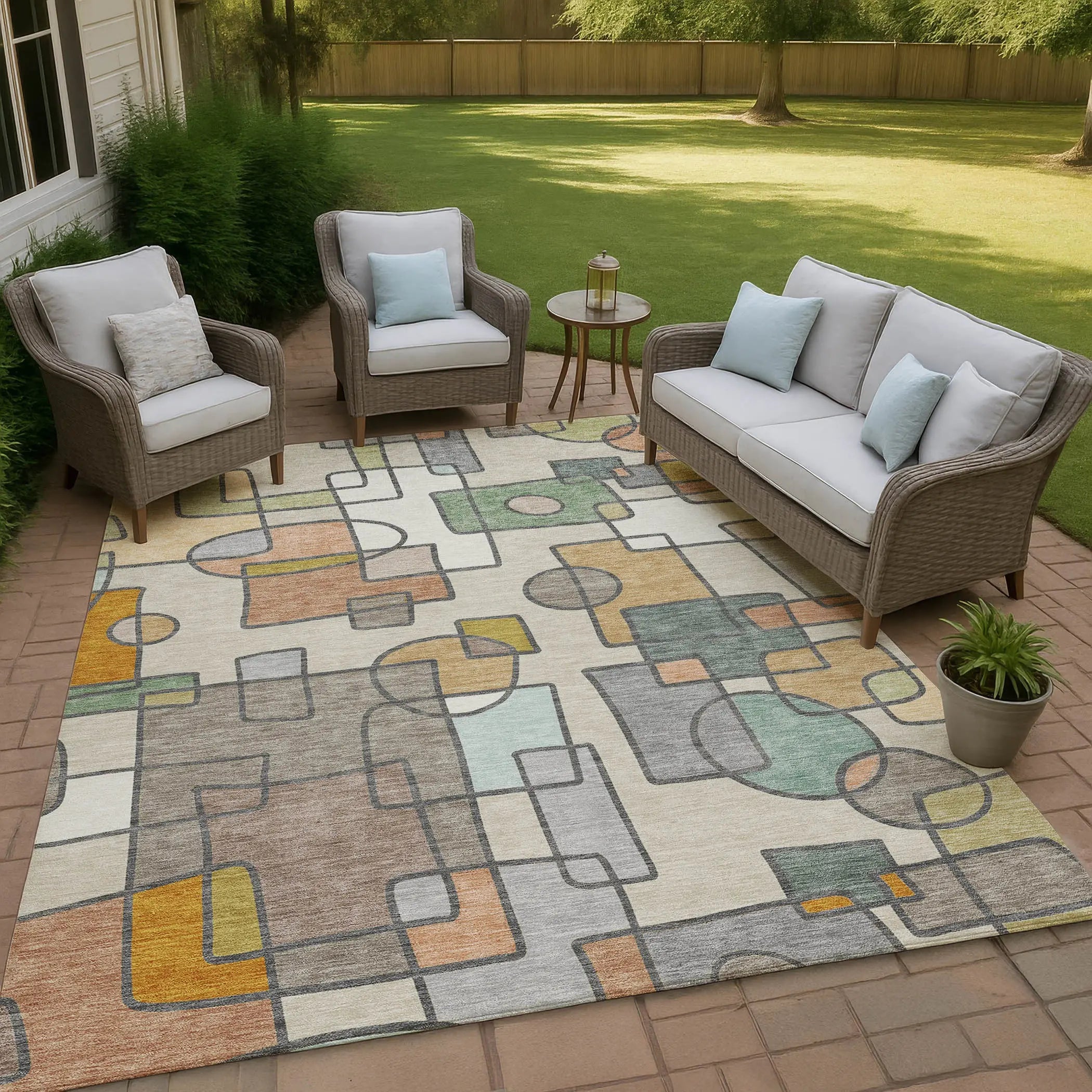 8' X 10' Beige And Copper Geometric Washable Indoor Outdoor Area Rug Homeroots Outdoor