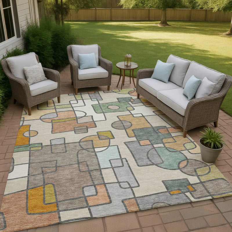 8' X 10' Beige And Copper Geometric Washable Indoor Outdoor Area Rug Homeroots Outdoor