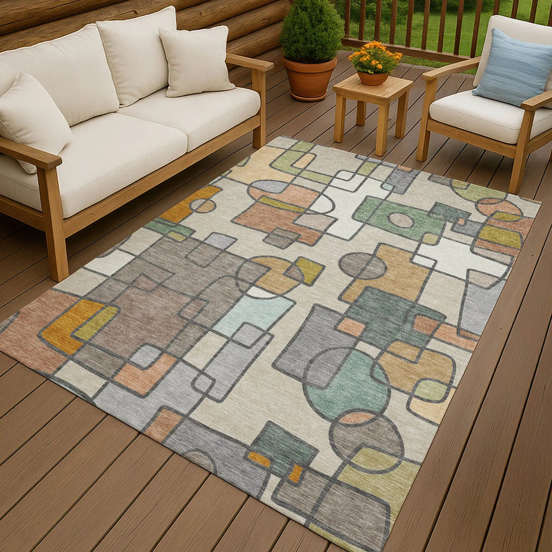 8' X 10' Beige And Copper Geometric Washable Indoor Outdoor Area Rug Homeroots Outdoor