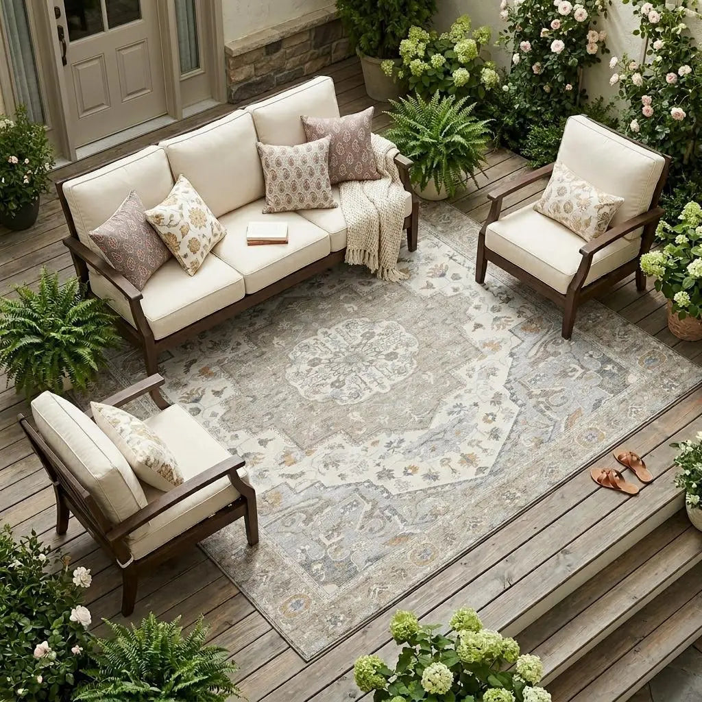 8' X 10' Beige And Copper Oriental Washable Indoor Outdoor Area Rug Homeroots Outdoor
