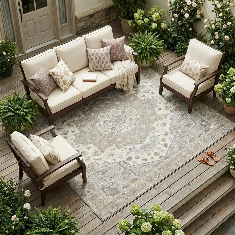8' X 10' Beige And Copper Oriental Washable Indoor Outdoor Area Rug Homeroots Outdoor