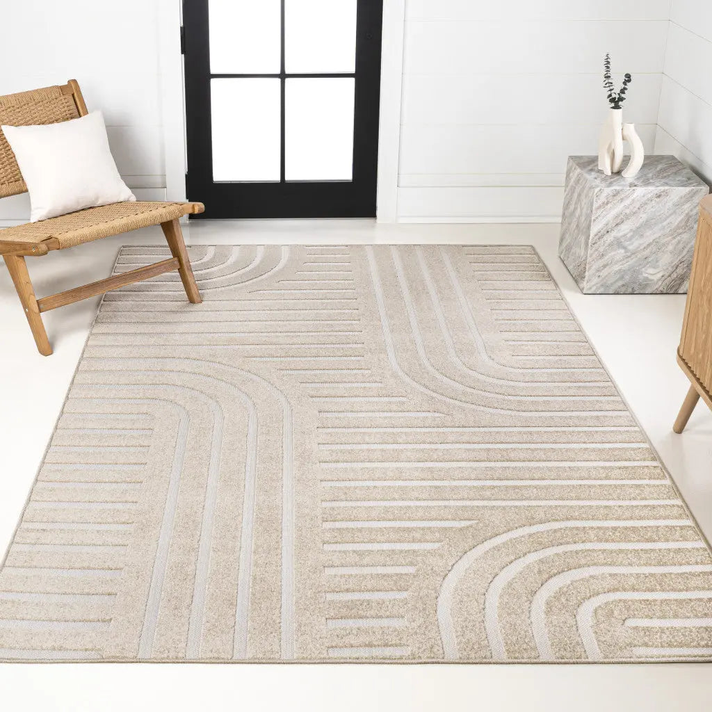 8' X 10' Beige And Cream Striped Indoor Outdoor Area Rug - GreatEagleInc