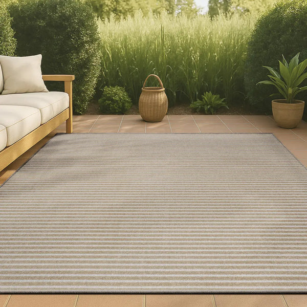 8' X 10' Beige And Cream Striped Indoor Outdoor Area Rug - GreatEagleInc