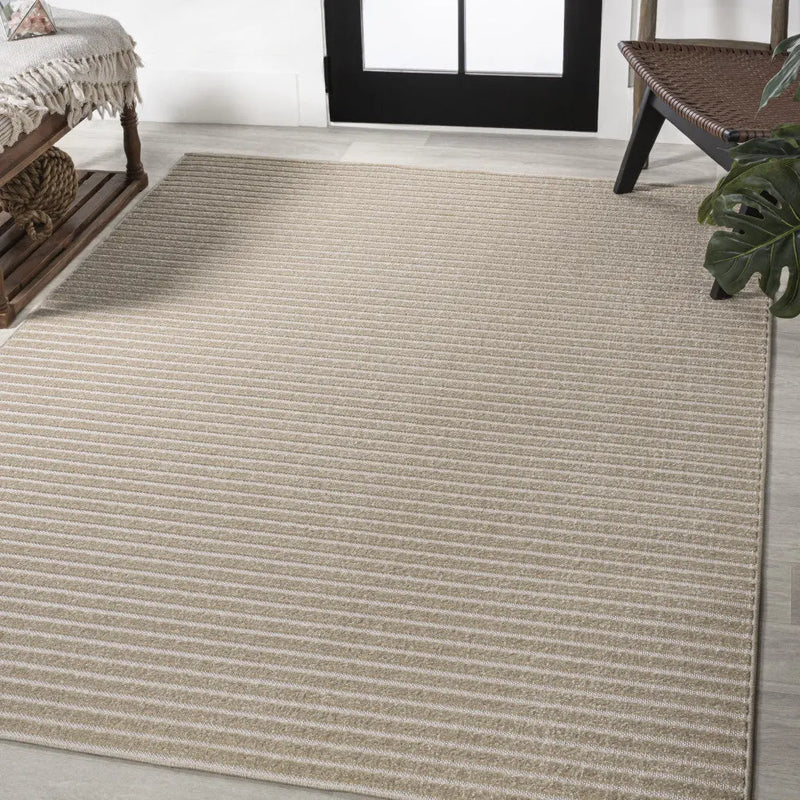 8' X 10' Beige And Cream Striped Indoor Outdoor Area Rug - GreatEagleInc