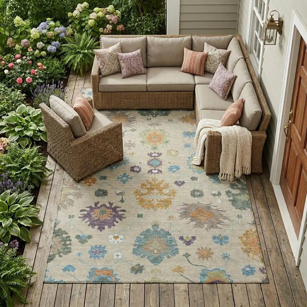 8' X 10' Beige And Green Oriental Washable Indoor Outdoor Area Rug Homeroots Outdoor