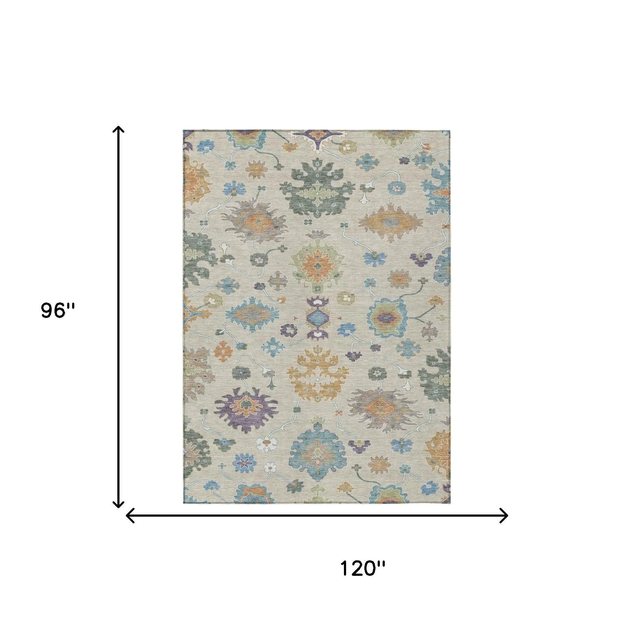 8' X 10' Beige And Green Oriental Washable Indoor Outdoor Area Rug Homeroots Outdoor
