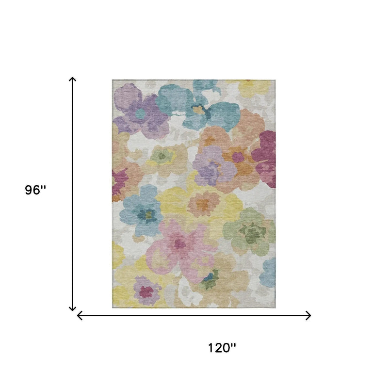 8' X 10' Beige And Ivory Floral Washable Indoor Outdoor Area Rug Homeroots Outdoor
