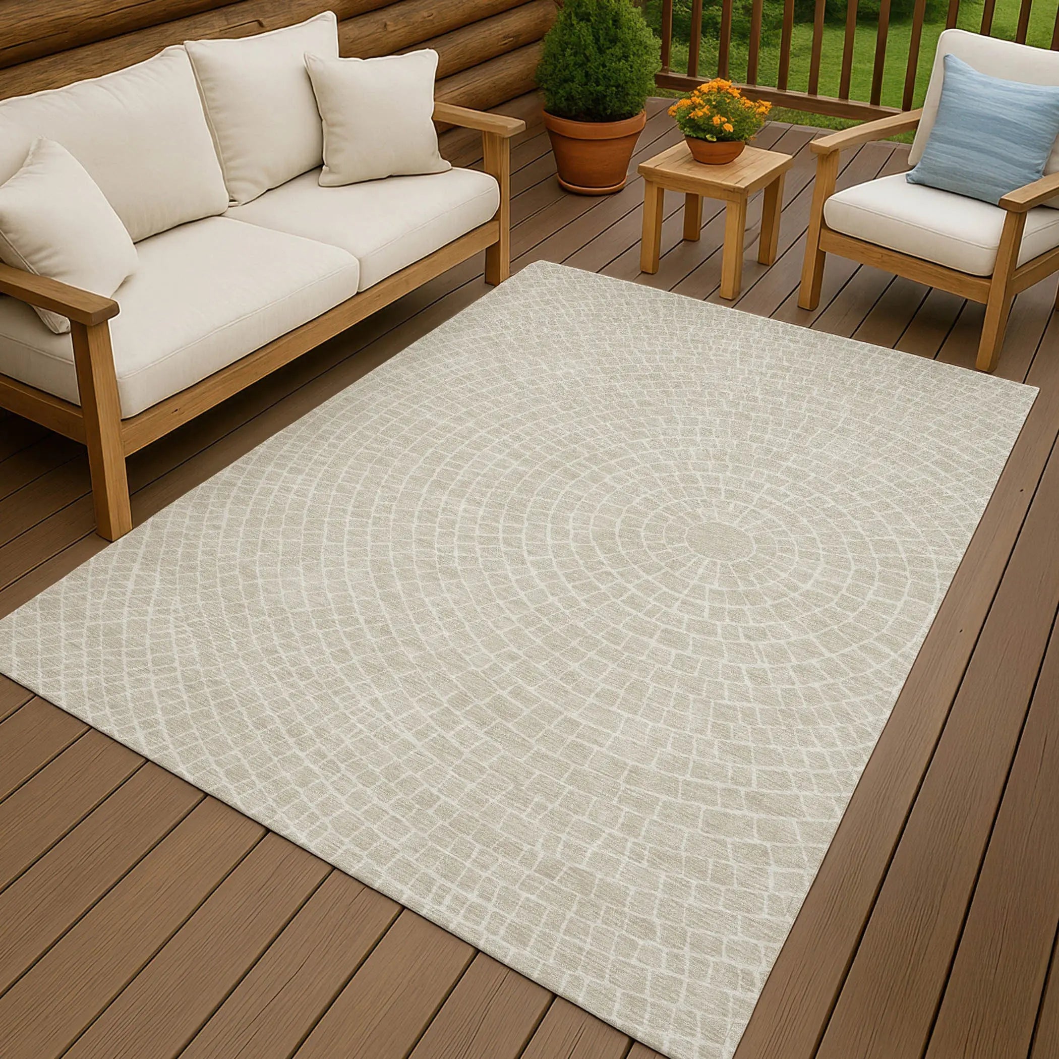 8' X 10' Beige And Ivory Geometric Washable Indoor Outdoor Area Rug Homeroots Outdoor